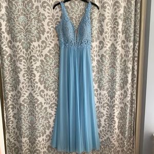 full length blue prom dress